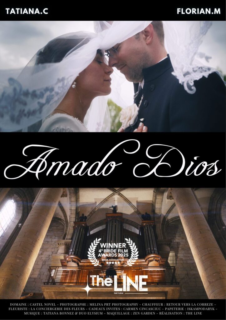 Affiche de mariage 'Amado Dios' montrant les mariés sous le voile de la mariée et l'orgue de la collégiale Saint Martin de Brive, réalisée par The Line, vidéaste haut de gamme.